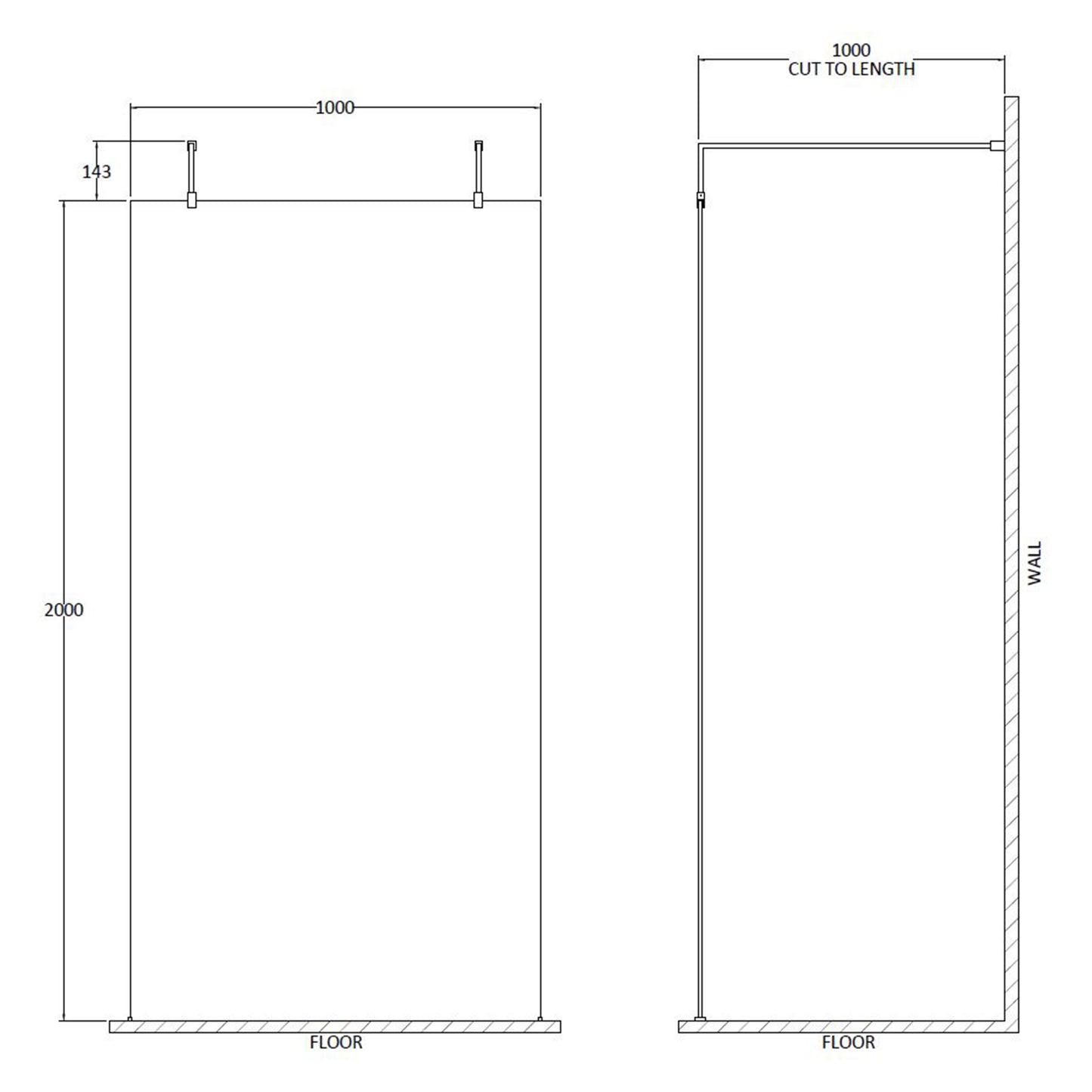Fairford 1000mm 8mm Wetroom Screen, 2 Support Arms, 1950mm