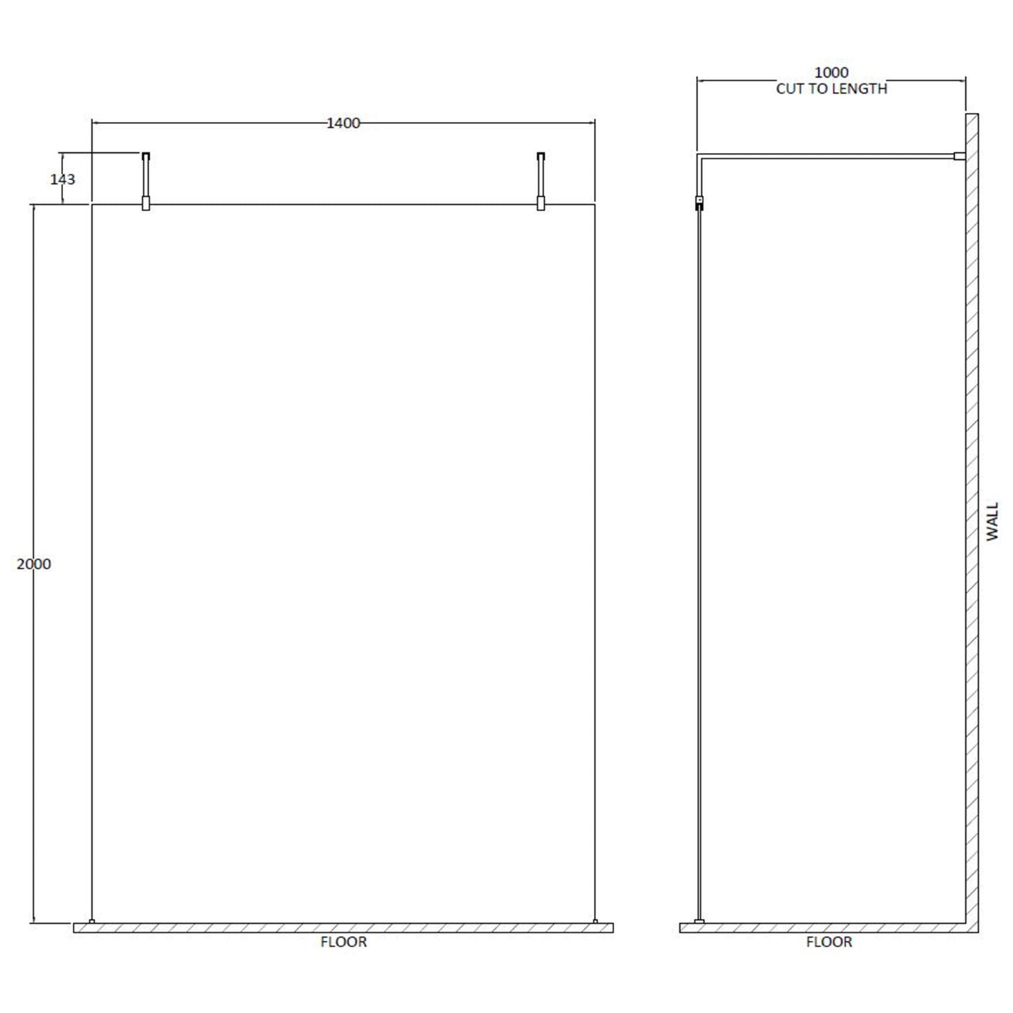 Fairford 1400mm 8mm Wetroom Screen, 2 Support Arms, 1950mm