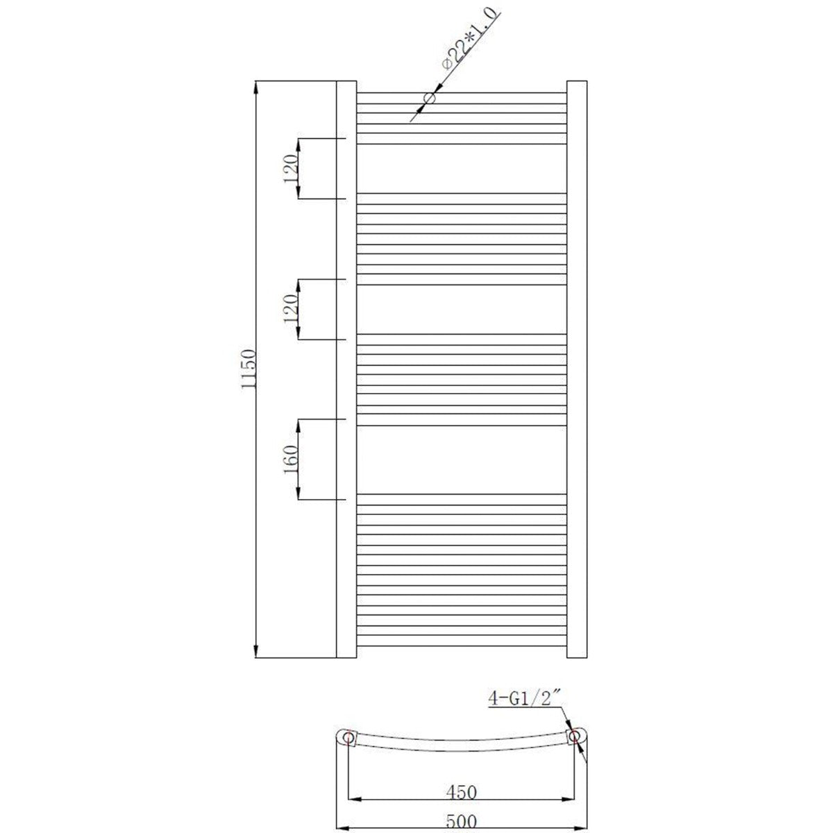 Fairford Curved 1150 x 500mm Anthracite Ladder Towel Rail