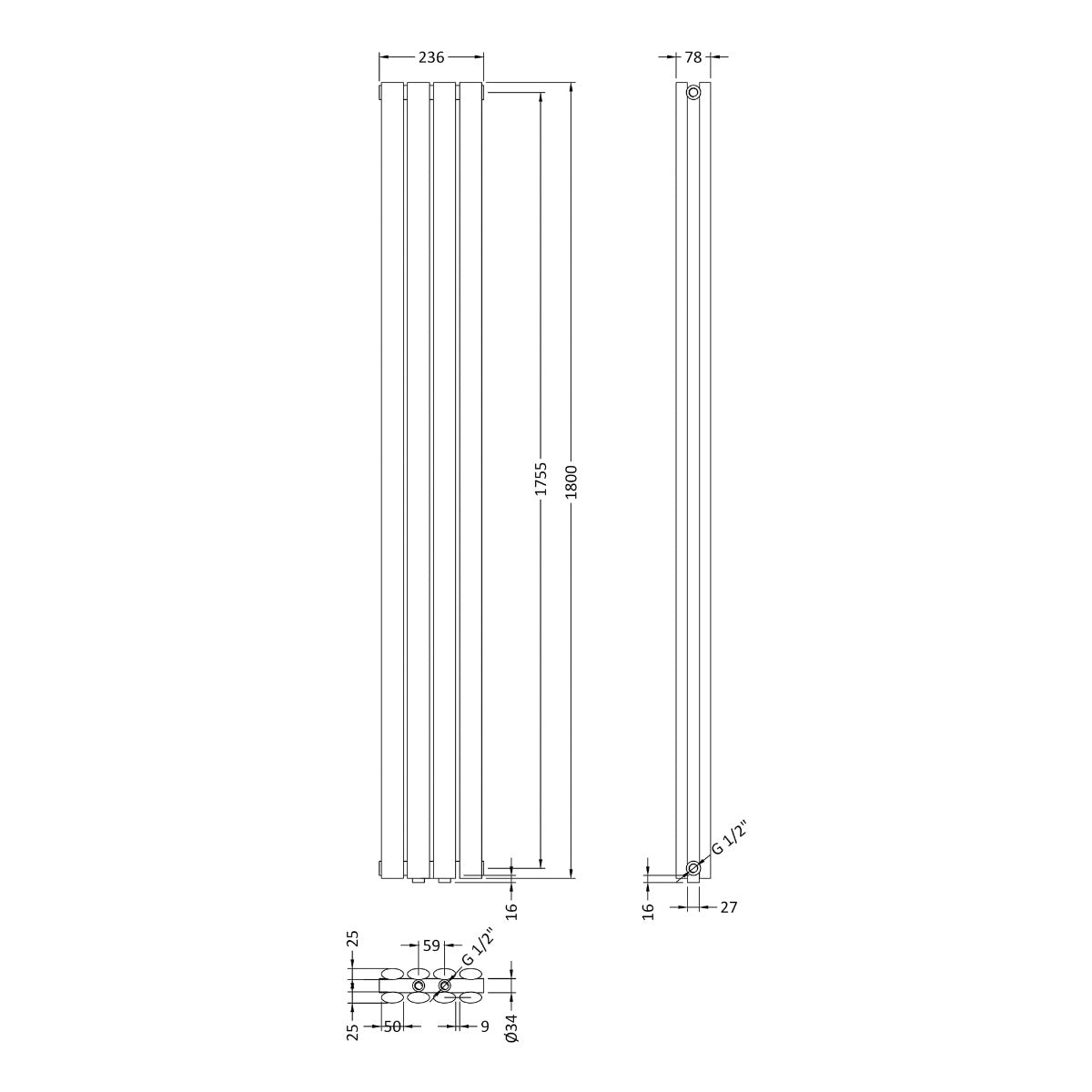 Fairford Compact Double Column 1800 x 236mm White Radiator