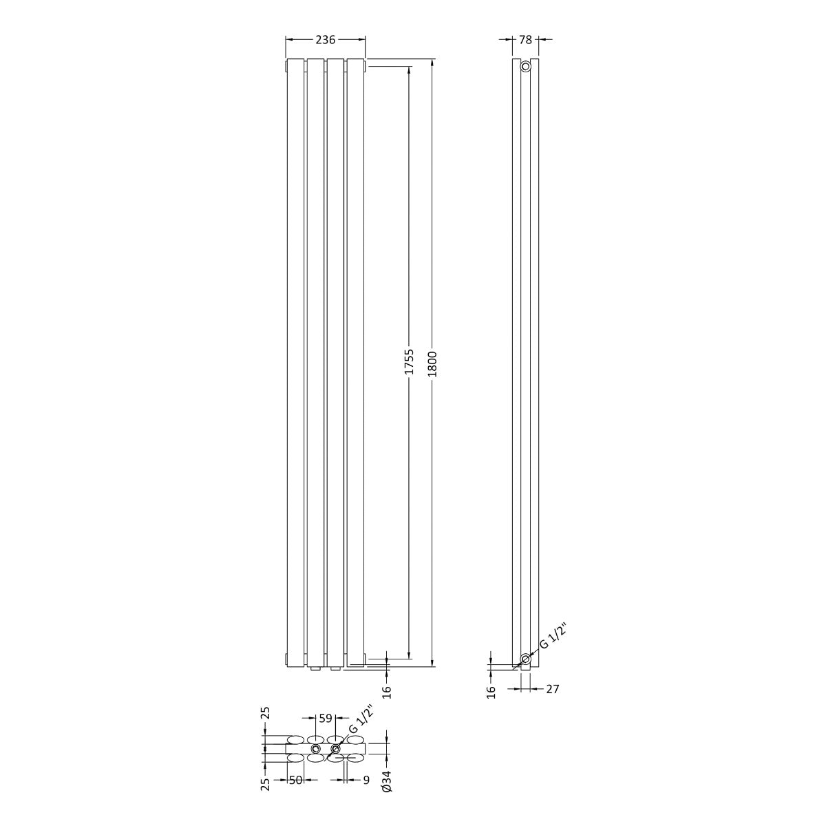 Fairford Compact Double Column 1800 x 236mm Anthracite Radiator