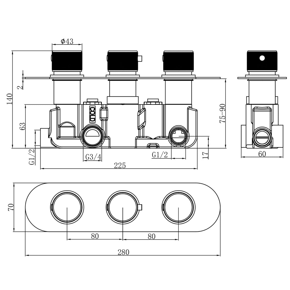 Fairford Element Chrome Round Concealed Triple Shower Valve with Diverter, 3 Outlet