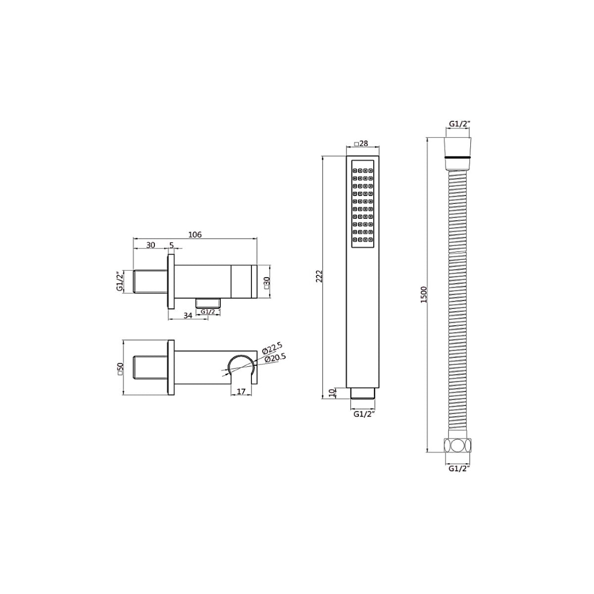 Fairford Element Round Matt Black Handset with Outlet Elbow, Bracket and Hose