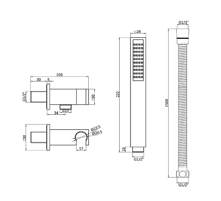 Fairford Una Square Matt Black Handset with Outlet Elbow, Bracket and Hose