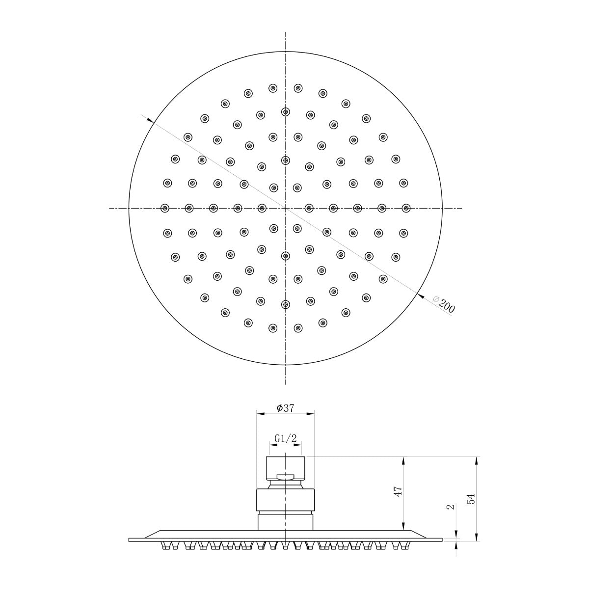 Fairford Element 200 x 200mm Round Overhead Shower Head, Chrome