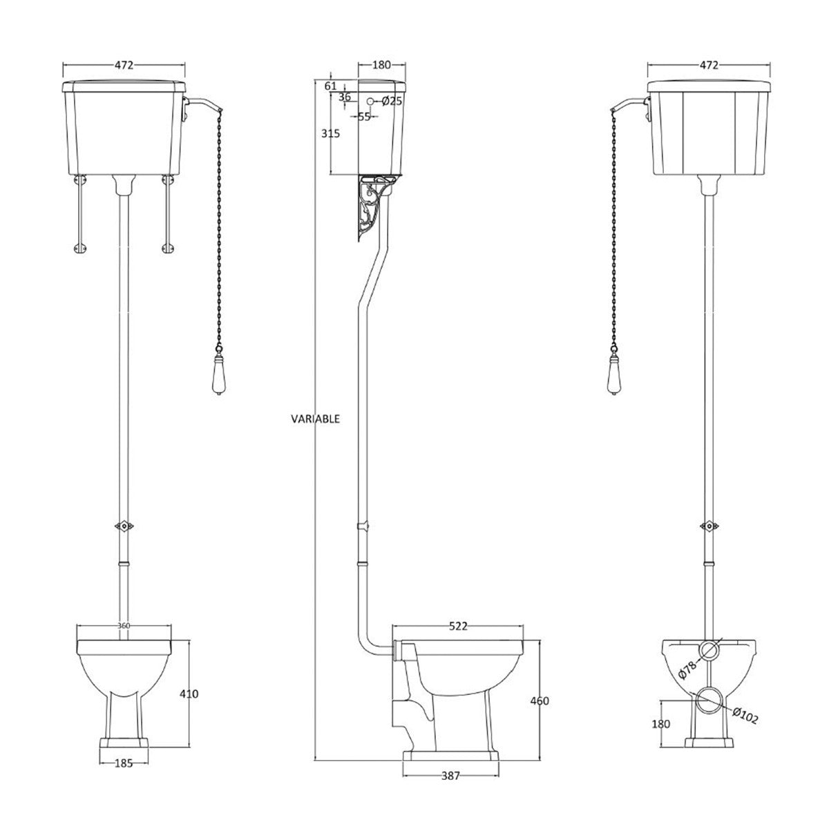 Fairford Hexam High Level Raised Cistern Toilet, no Seat