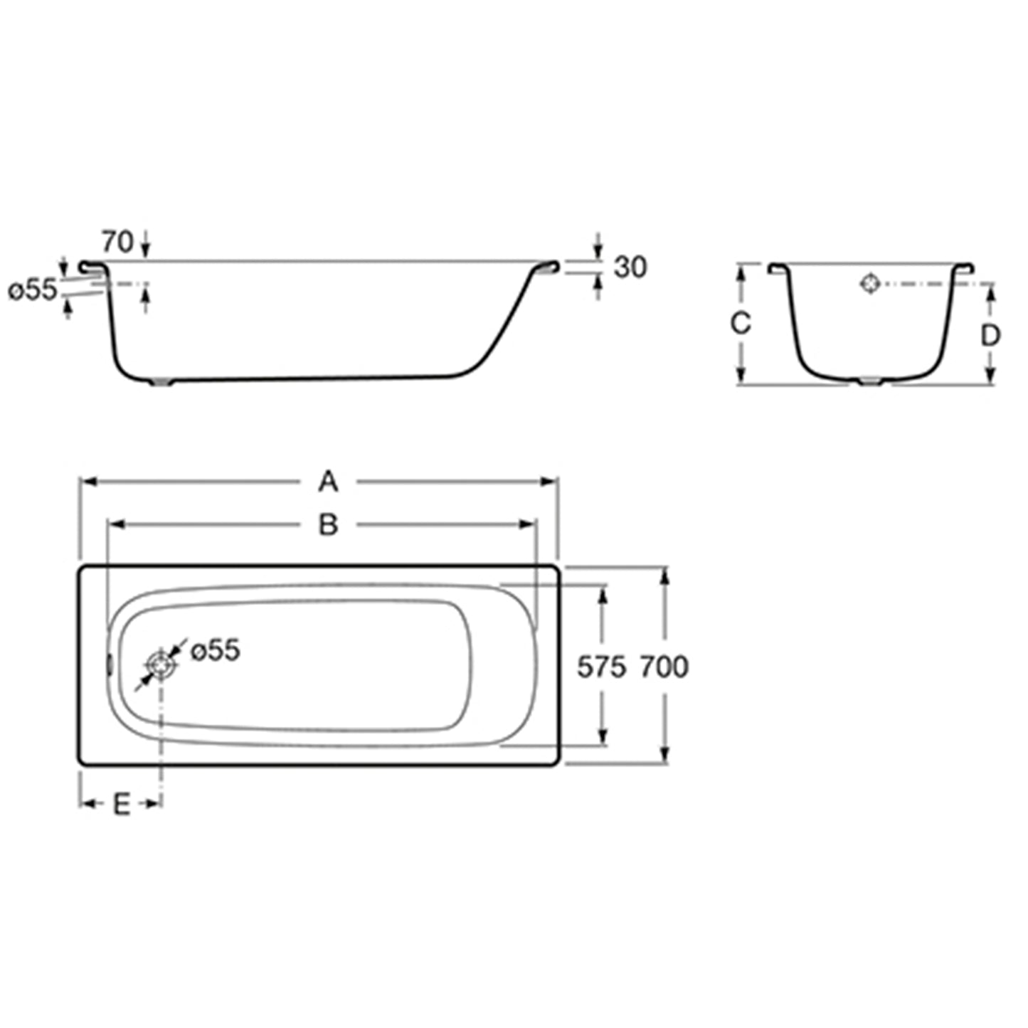 1600 x 700mm Steel Bath, 2TH