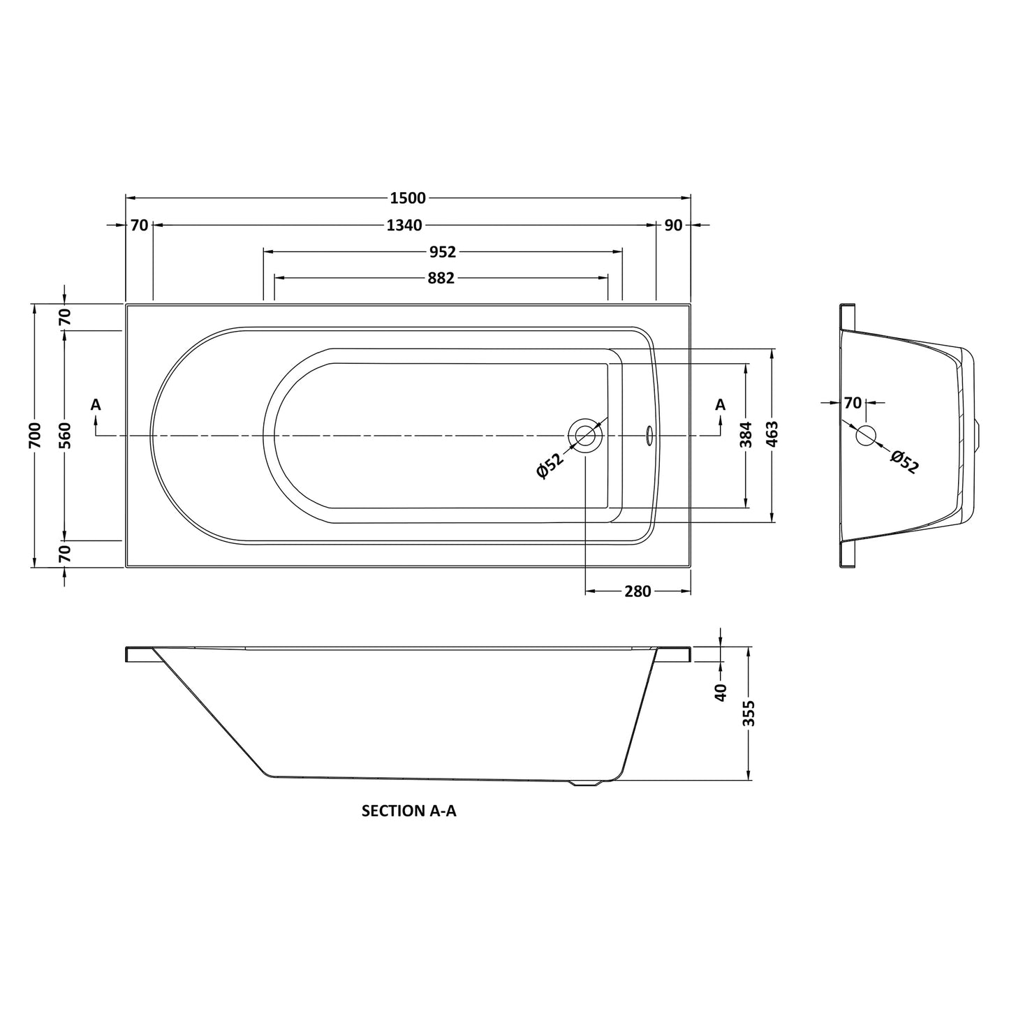 Fairford Novus 1500 x 700mm Single Ended Straight Bath, 0TH