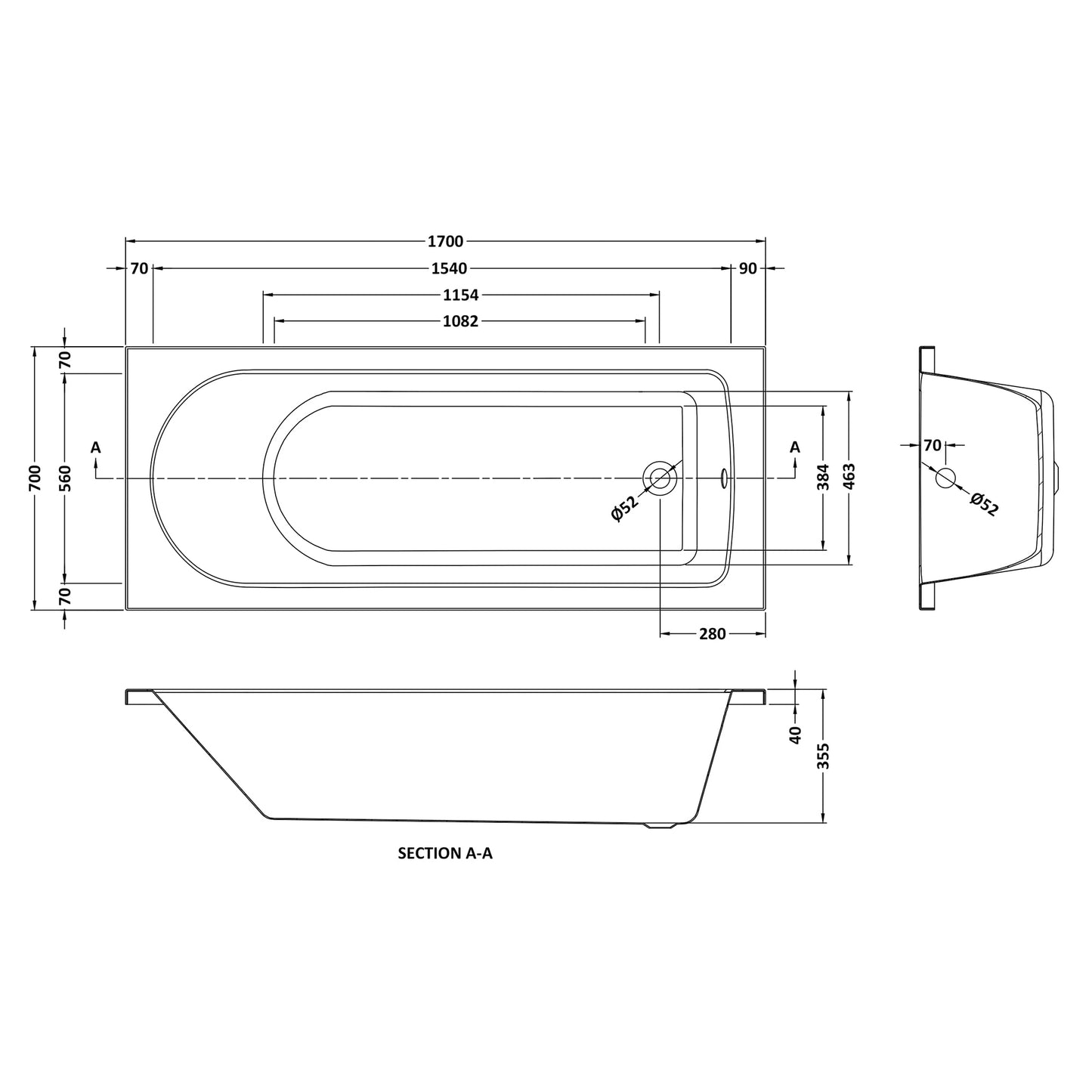 Fairford Novus 1700 x 700mm Single Ended Straight Bath