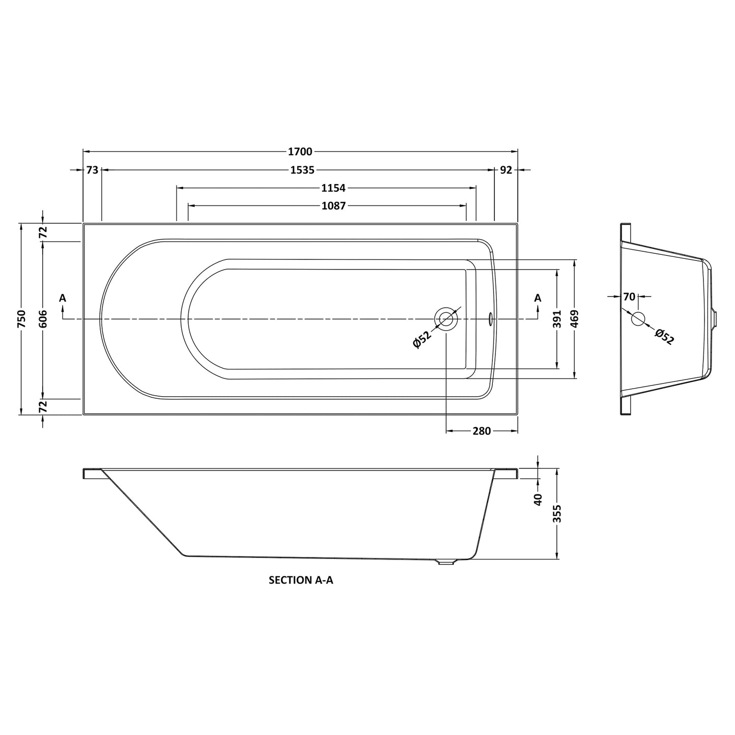 Fairford Novus 1700 x 750mm Single Ended Straight Bath, 0TH