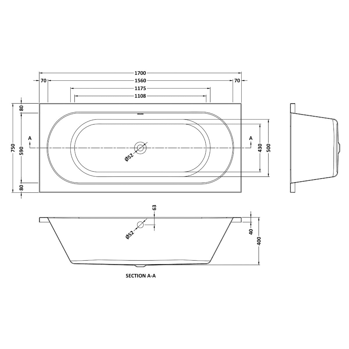 Fairford Ordo 1700 x 750mm Double Ended Straight Bath, 0TH