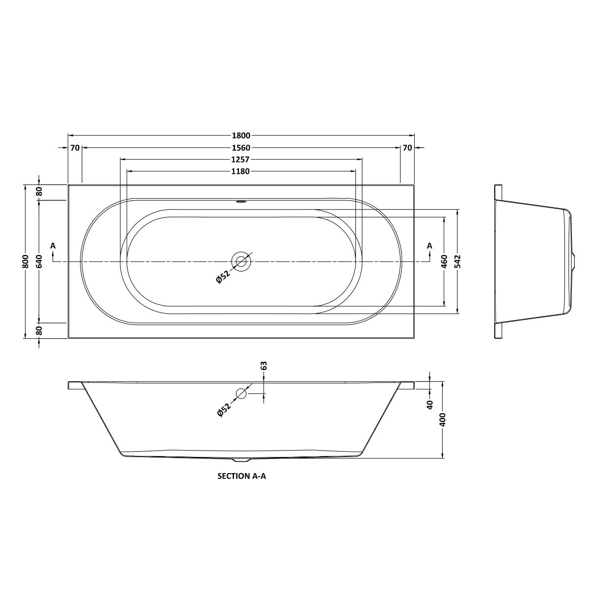 Fairford Ordo 1800 x 800mm Double Ended Straight Bath, 0TH