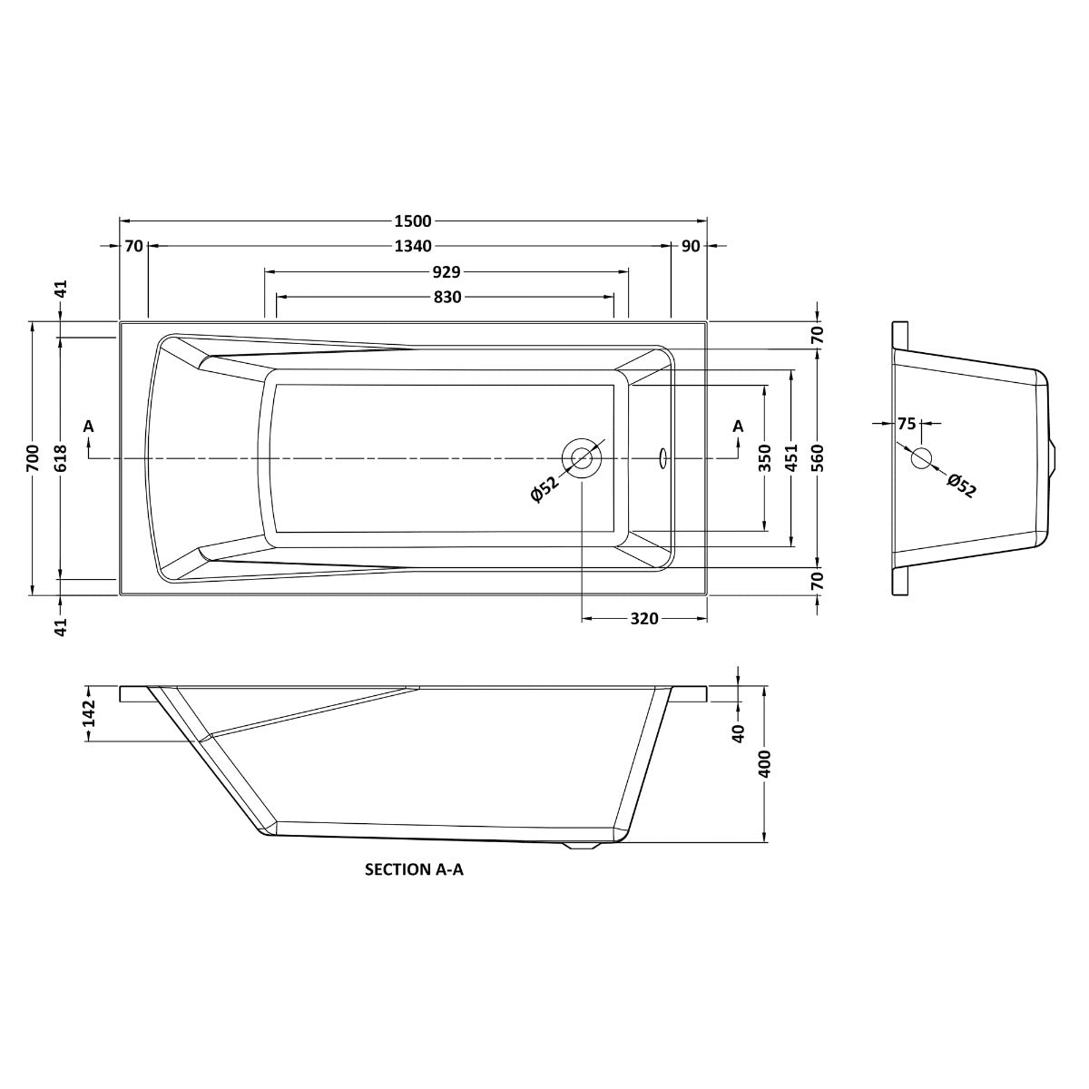 Fairford Dunsford 1500 x 700mm Sngl Ended Straight Bath, 0TH