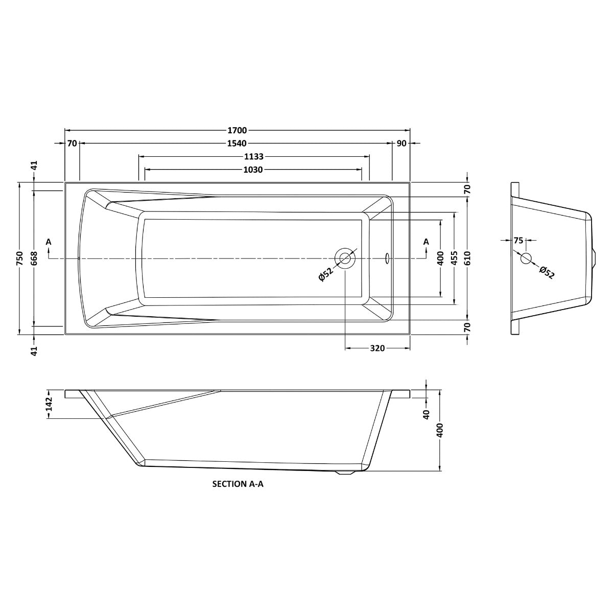 Fairford Dunsford 1700 x 750mm Sngl Ended Straight Bath, 0TH