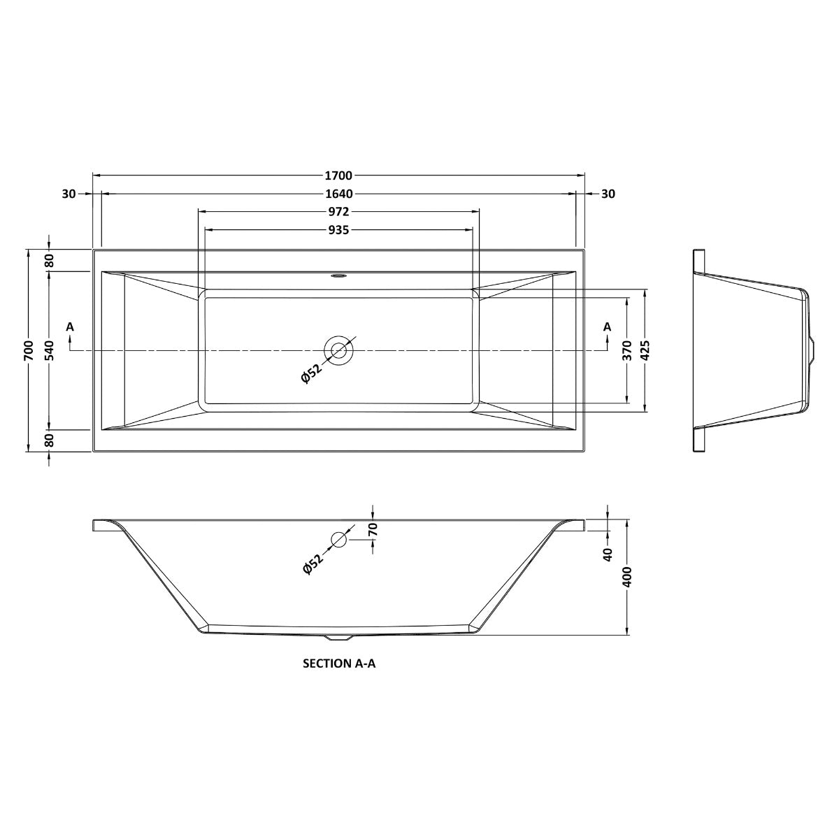 Fairford Onero 1700 x 700mm Double Ended Straight Bath, 0TH
