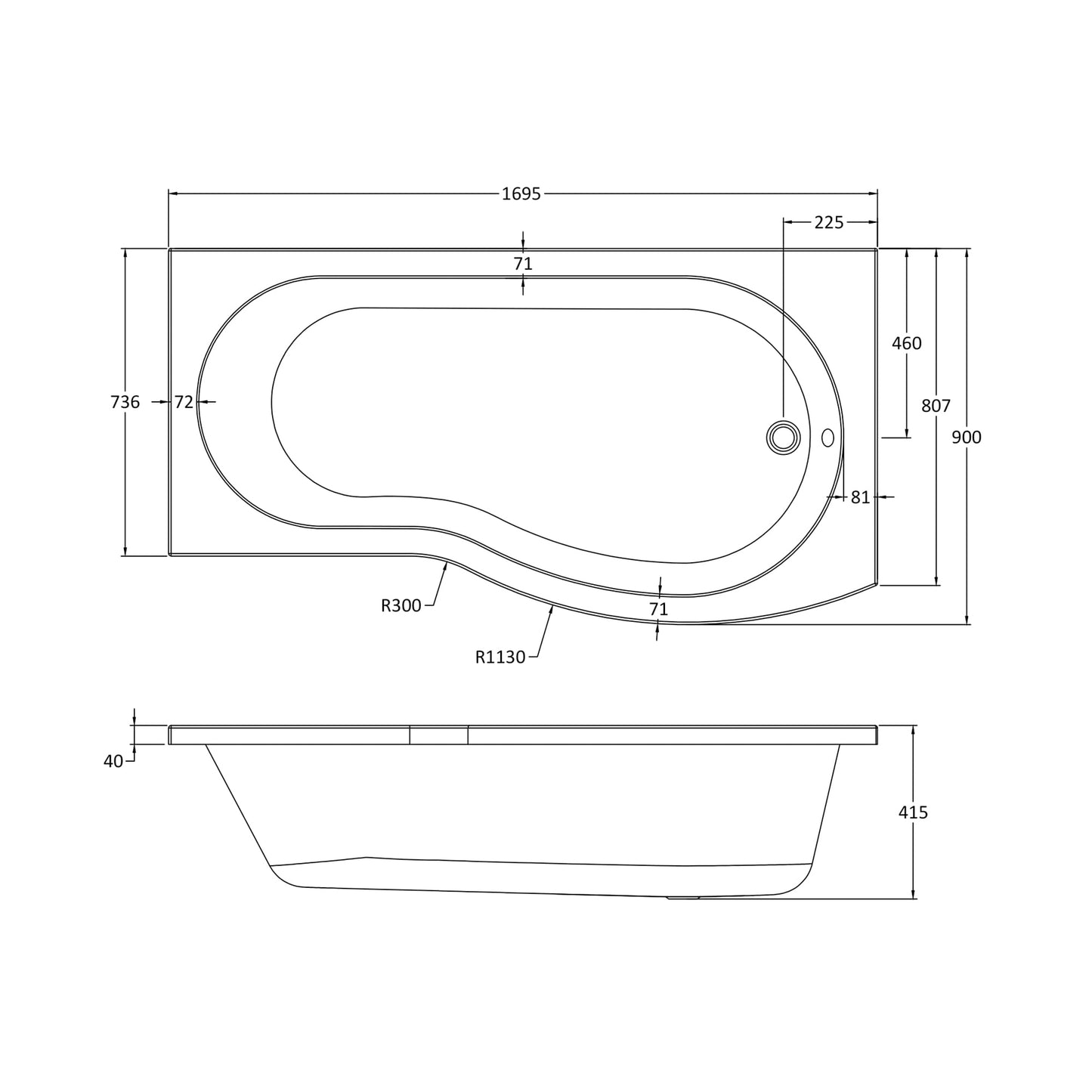 Fairford 1700 x 900mm B Shaped Right Hand Shower Bath