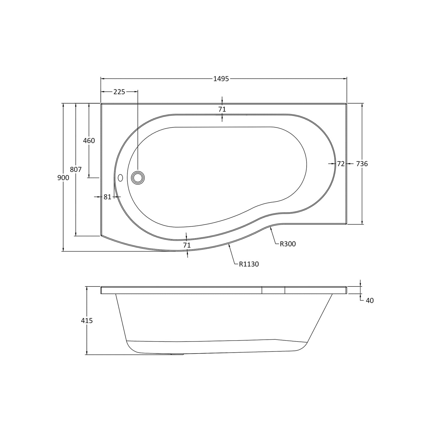 Fairford 1500 x 900mm B Shaped Left Hand Shower Bath