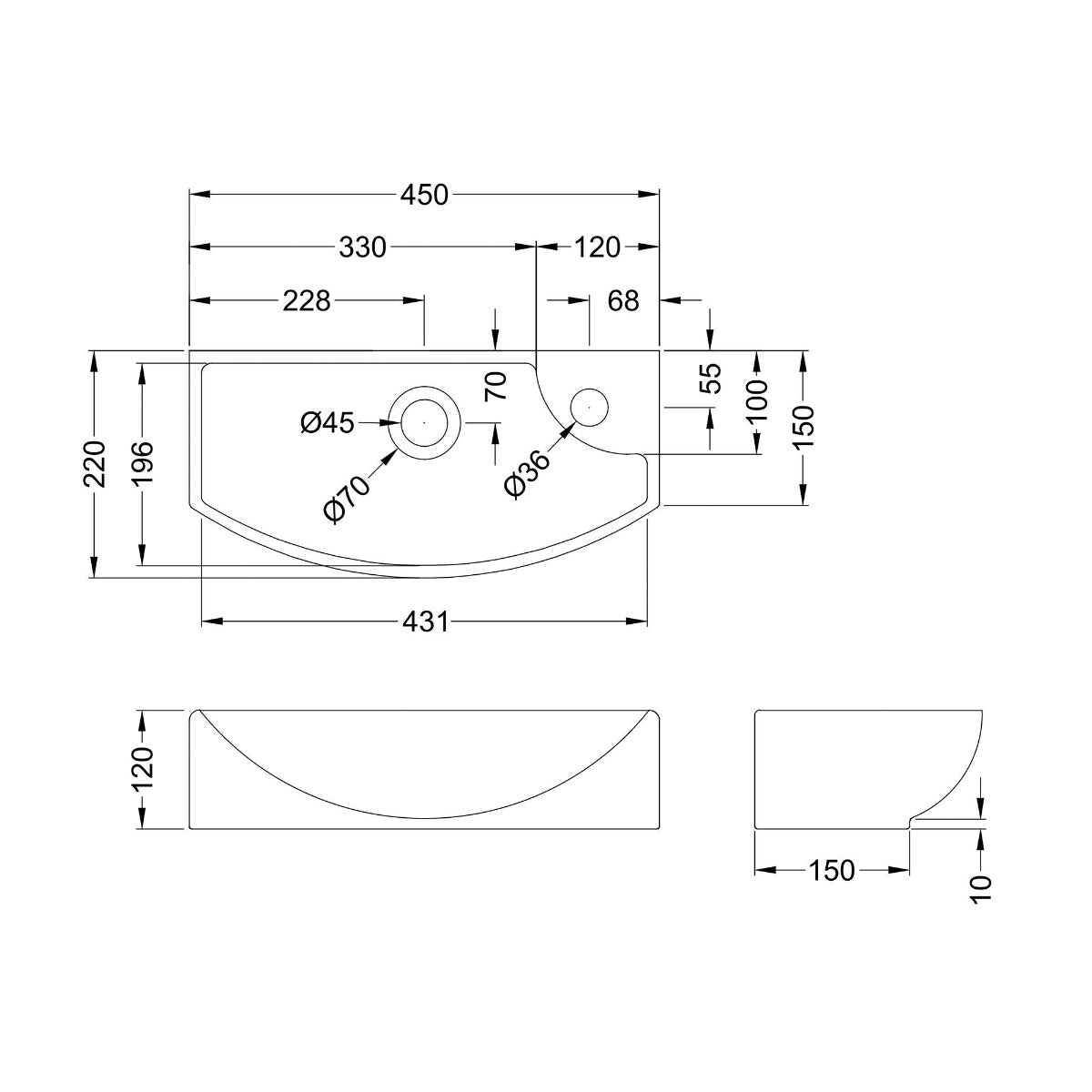 Dezine 450mm Right Hand Wall Hung Basin