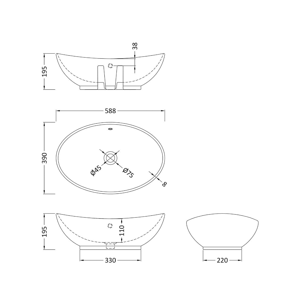 Fairford Finesse 0TH, 588 x 390 x 195mm Rounded Vessel