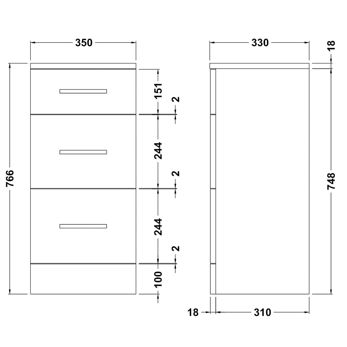 Fairford Opto 350mm Gloss White 3 Drawer Unit (330mm deep)
