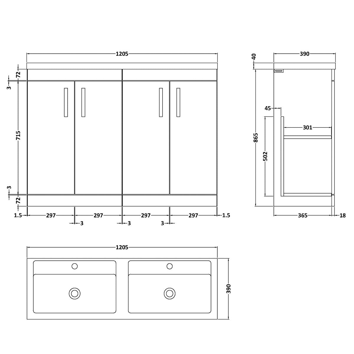 Fairford Carnation 1200mm Grey Avola Floor Standing 4 Door Vanity Unit