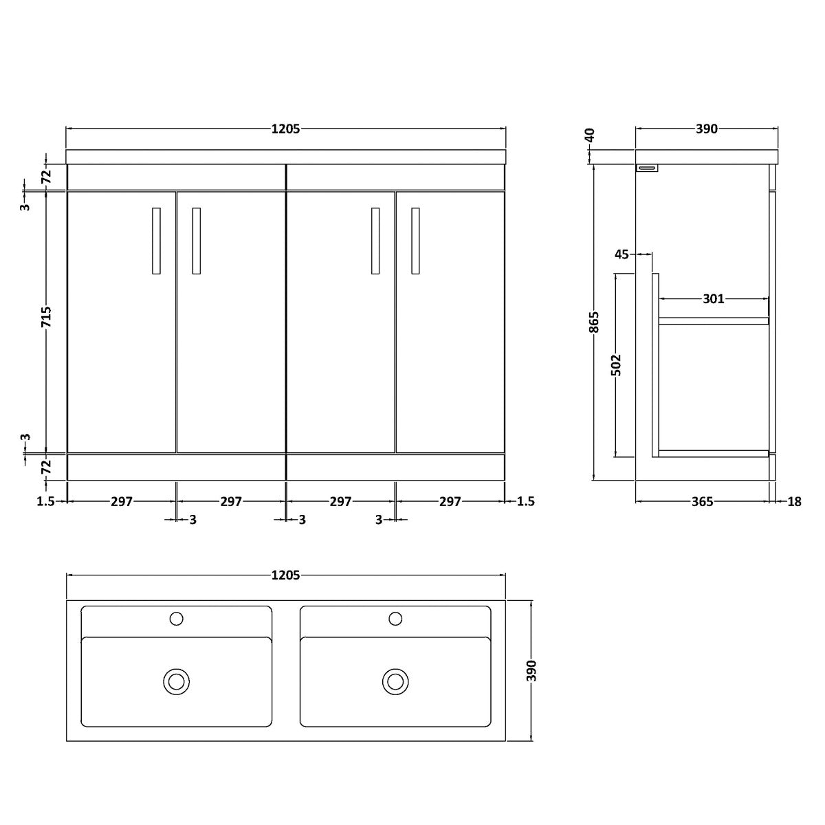 Fairford Carnation 1200mm Gloss Grey Floor Standing 4 Door Vanity Unit