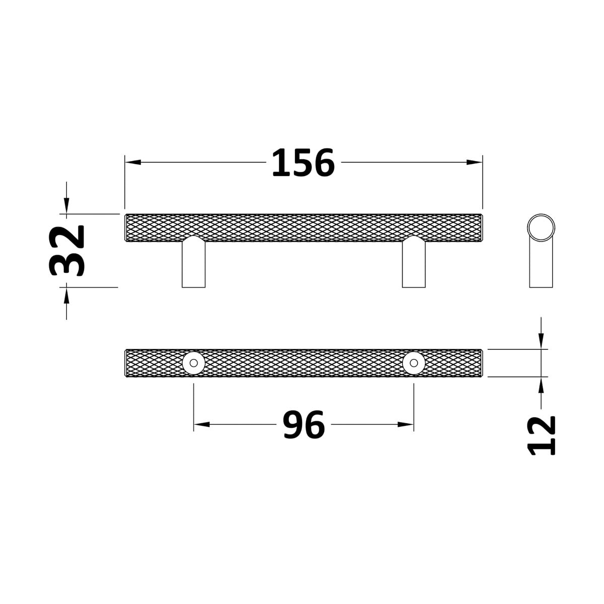 Knurled Bar Handle, Brushed Brass, 96mm Centres