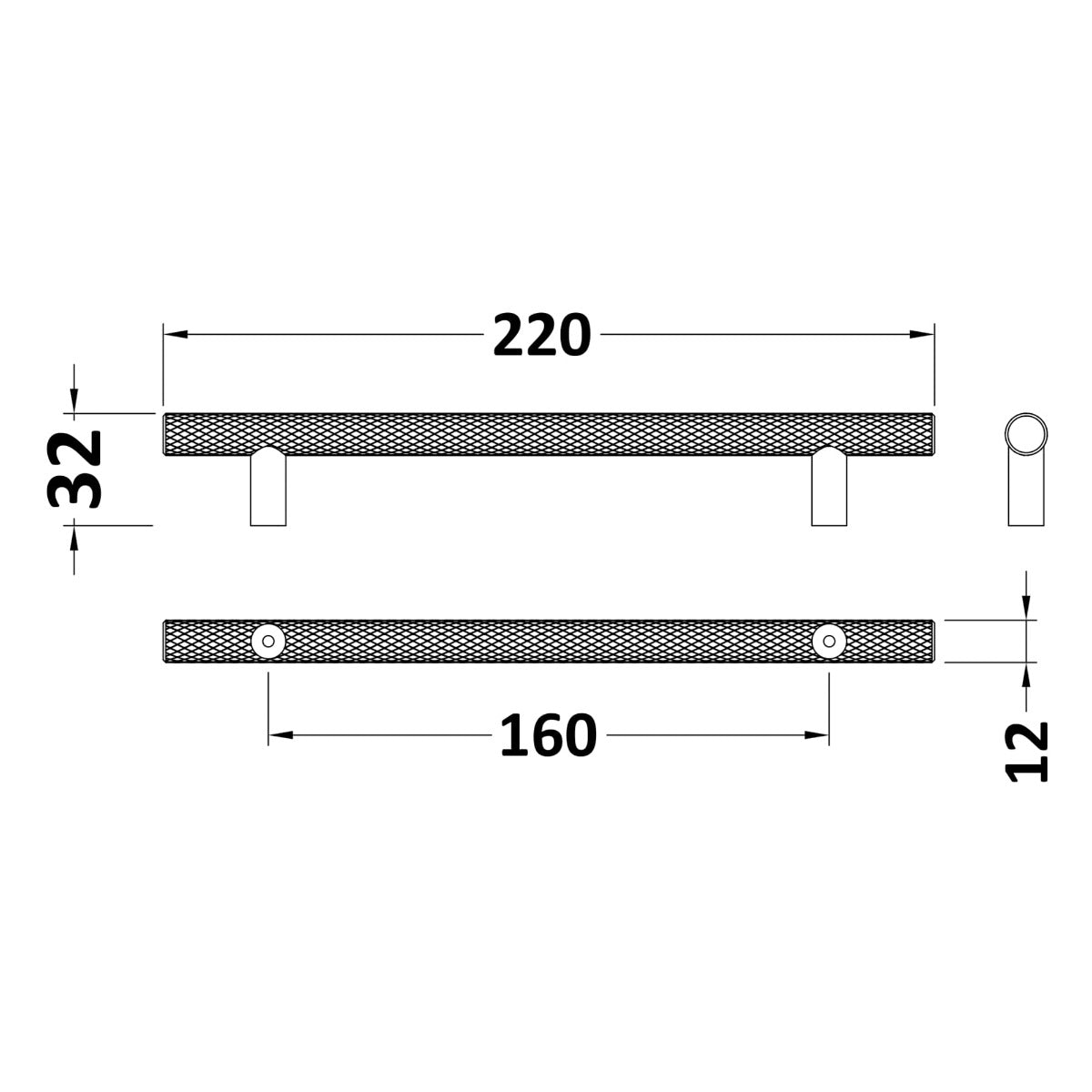 Knurled Bar Handle, Chrome, 160mm Centres
