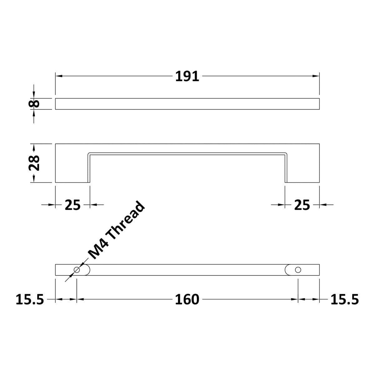 Slimline Square Handle, Matt Black, 160mm Centres