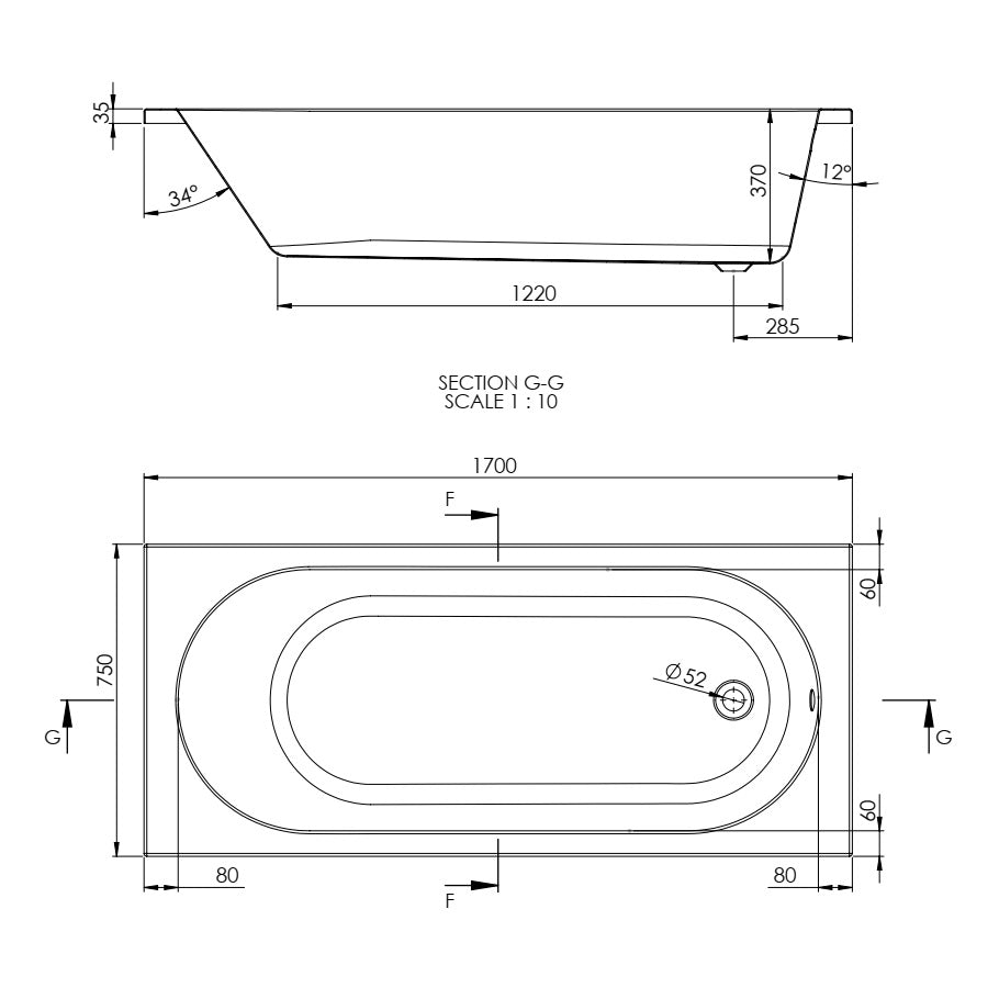 Rivato Florence 1700 x 750mm Bath with Radius Matt Black Screen