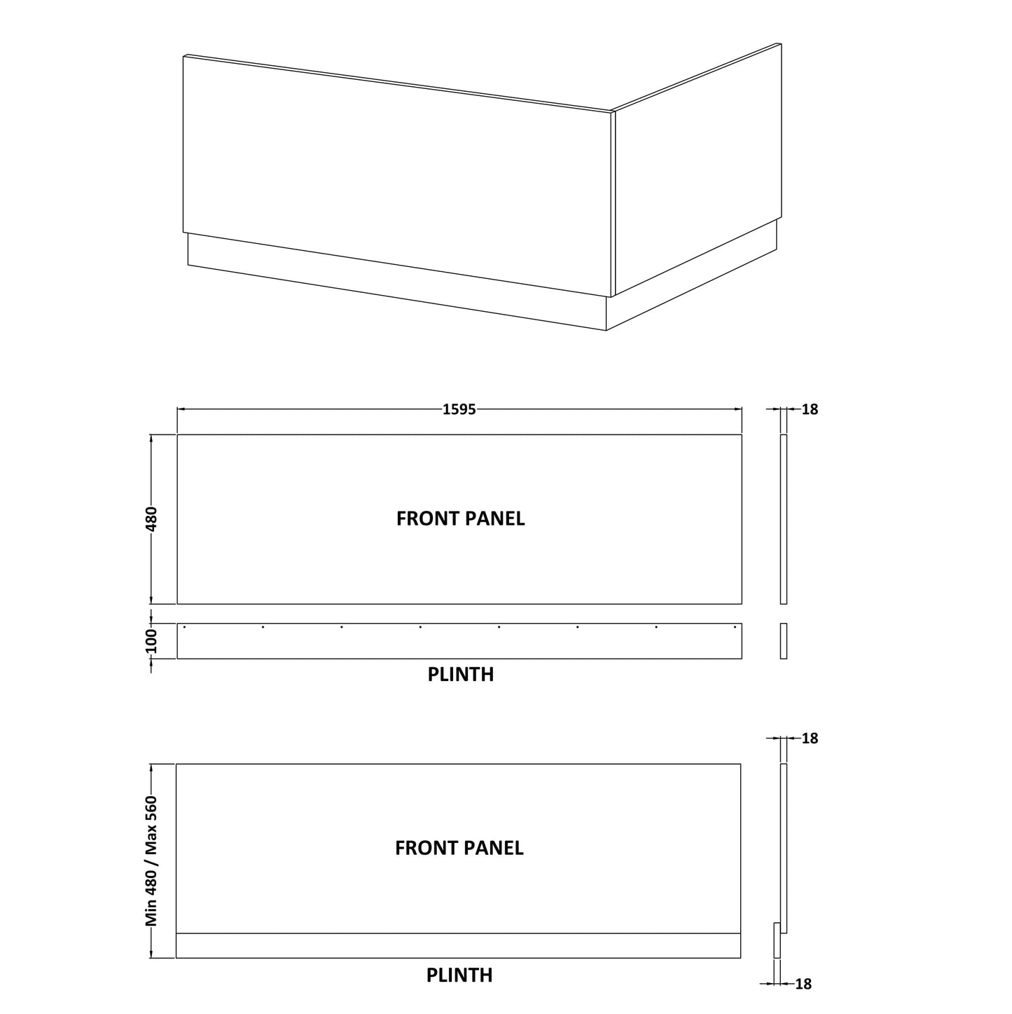 Fairford MDF White Straight Side Panel with Plinth, 1600mm