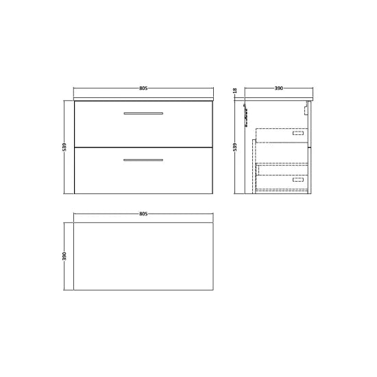 Fairford Aspri Grey Woodgrain 800mm 2 Drawer Wall Hung Vanity Unit with Worktop