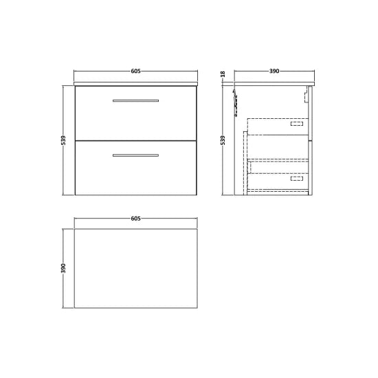 Fairford Aspri Satin Green 600mm 2 Drawer Wall Hung Vanity Unit with Worktop