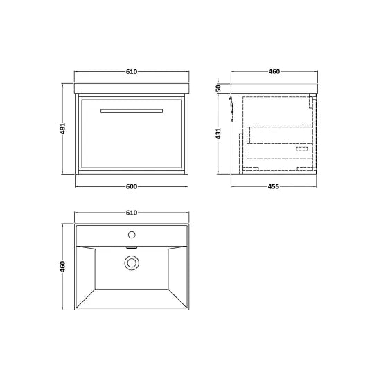 Fairford Tisse Graphite Grey Woodgrain 600mm 1 Drawer Wall Hung Vanity Unit with Thin Edged Basin
