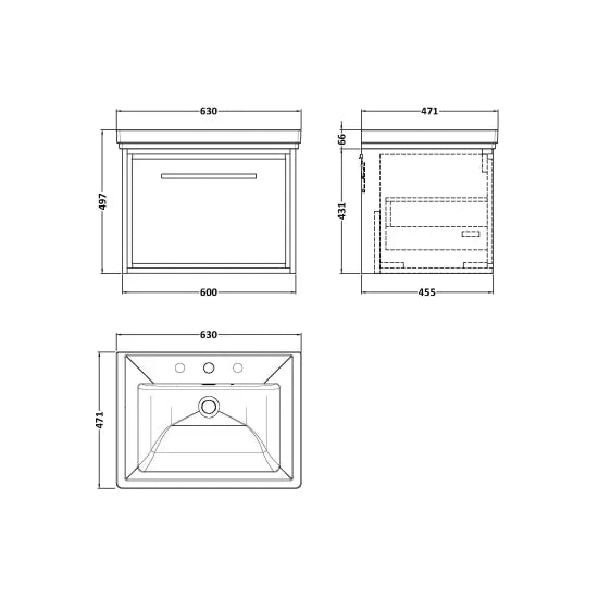 Fairford Tisse Bleached Oak 600mm 1 Drawer Wall Hung Vanity Unit with 3 Tap Hole Basin
