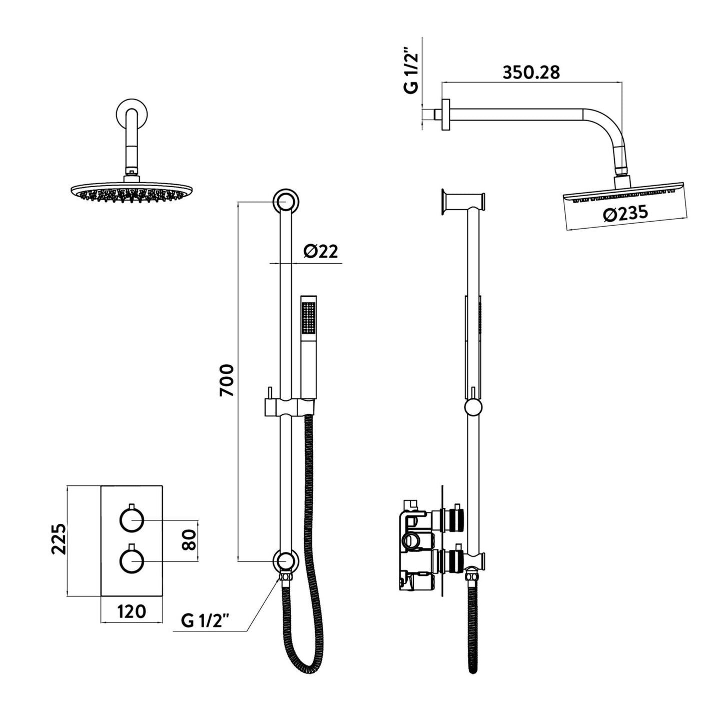 Fairford Element 7 Gunmetal Concealed Shower Kit with Overhead and Slide Rail