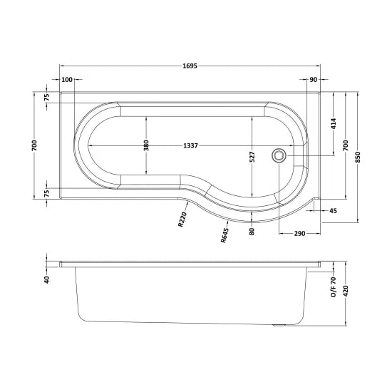 Fairford 1700 x 850 RH P Shape Bath with Screen and Panel