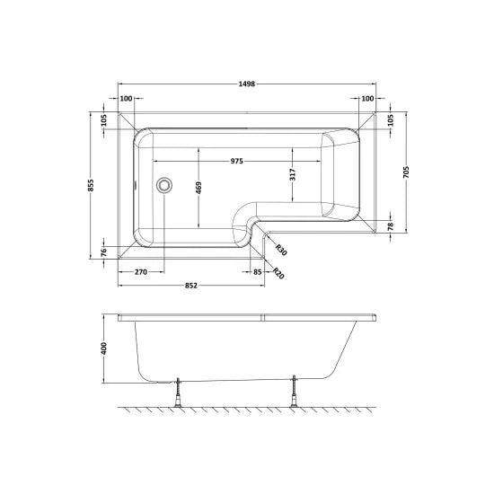 Fairford 1500 x 850mm LH L Shape Bath with Screen and Panel