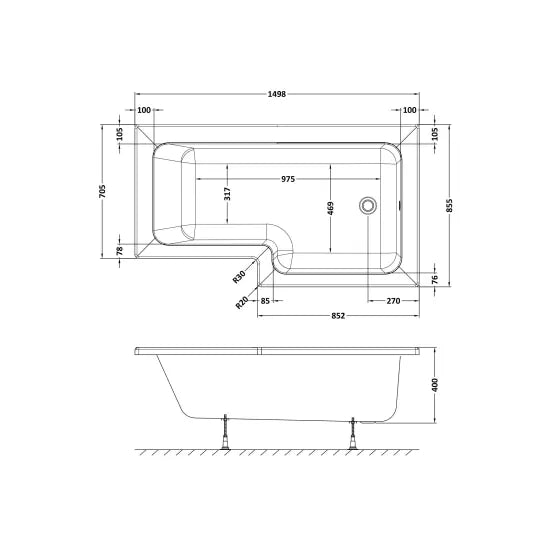 Fairford 1500 x 850mm RH L Shape Bath with Screen and Panel