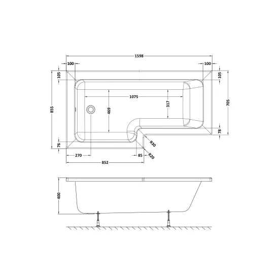 Fairford 1600 x 850mm LH L Shape Bath with Screen and Panel