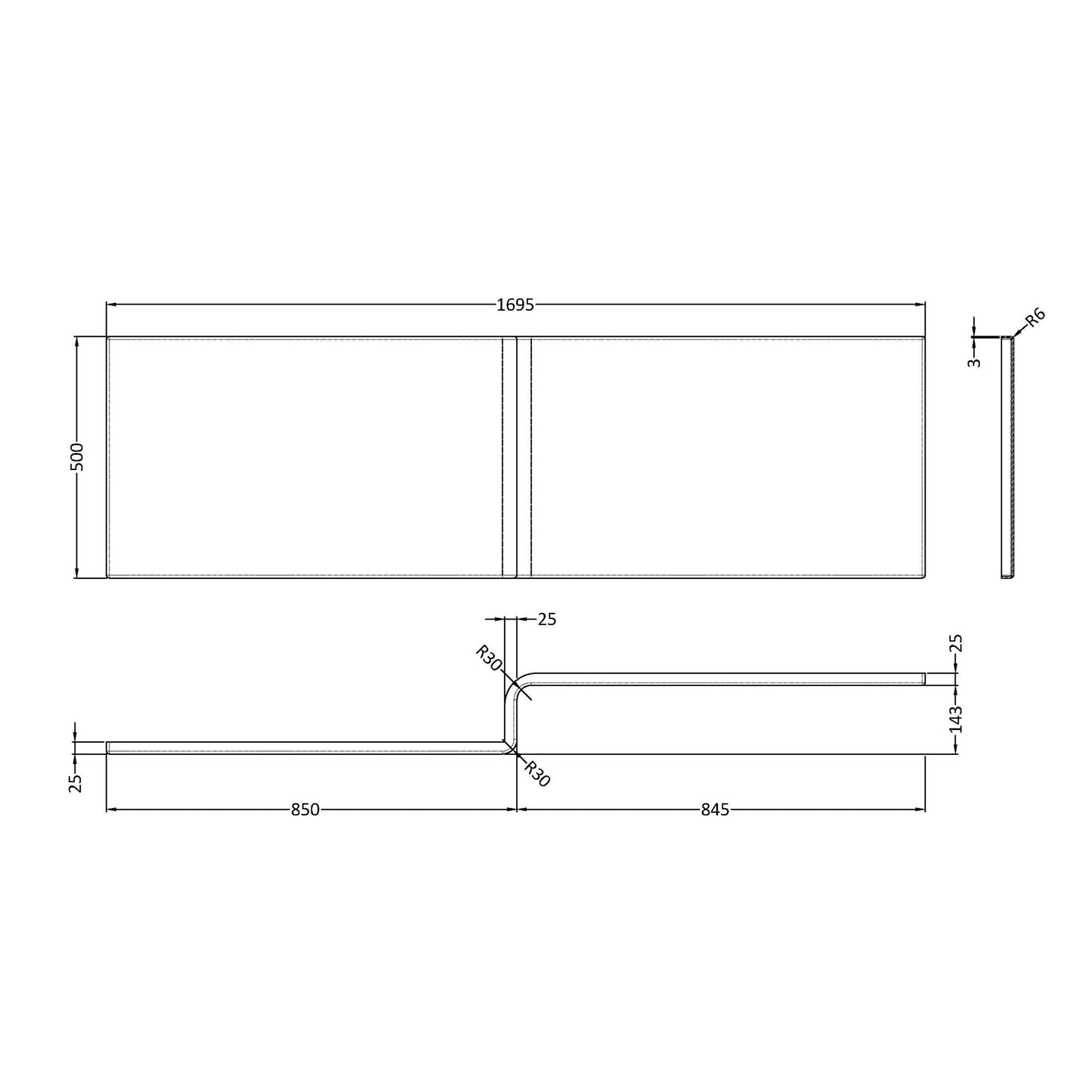 Fairford Acrylic L Shape Side Panel, 1700mm