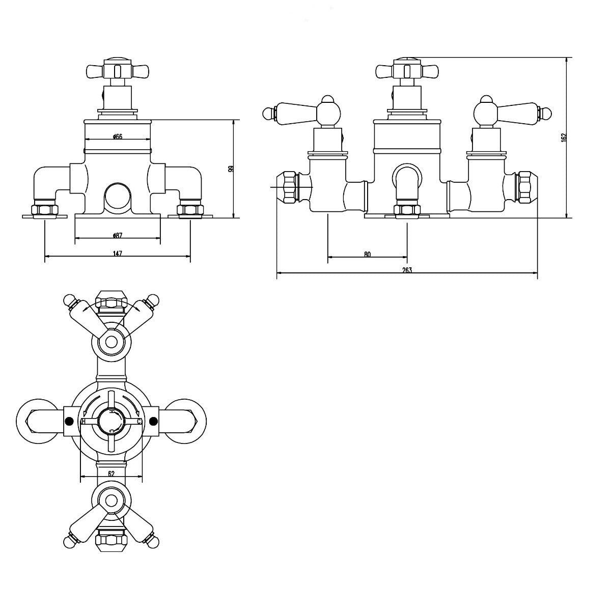 Fairford Bolsover Exposed Thermostatic Triple Shower Valve, 2 Outlet