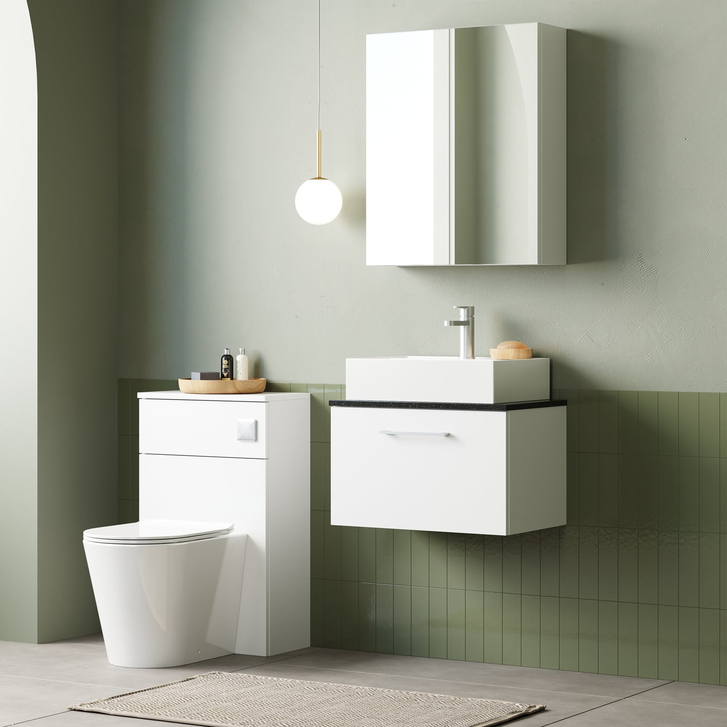 Fairford Aspri 2 600mm Gloss White Wall Hung Vanity Unit, Laminate Black Worktop
