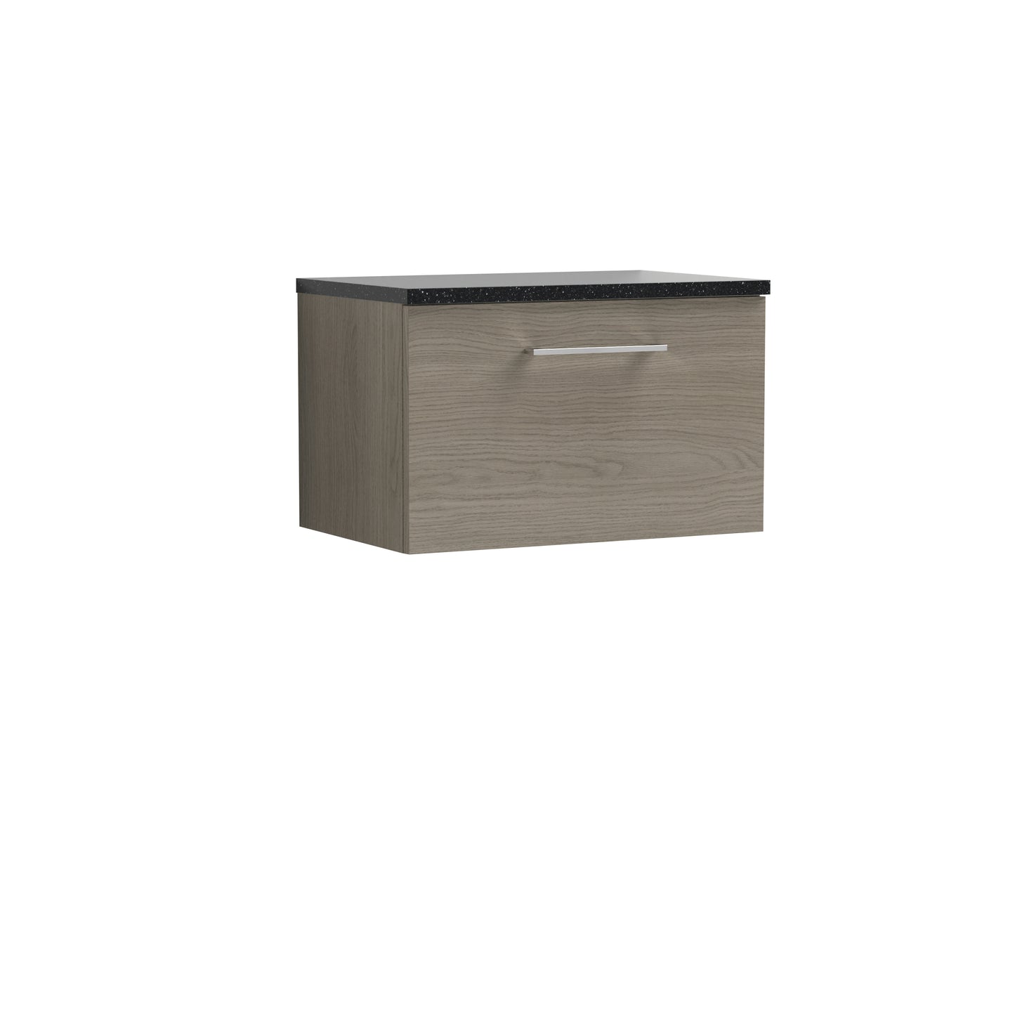 Fairford Aspri 2 600mm Solace Oak Wall Hung Vanity Unit, Laminate Black Worktop