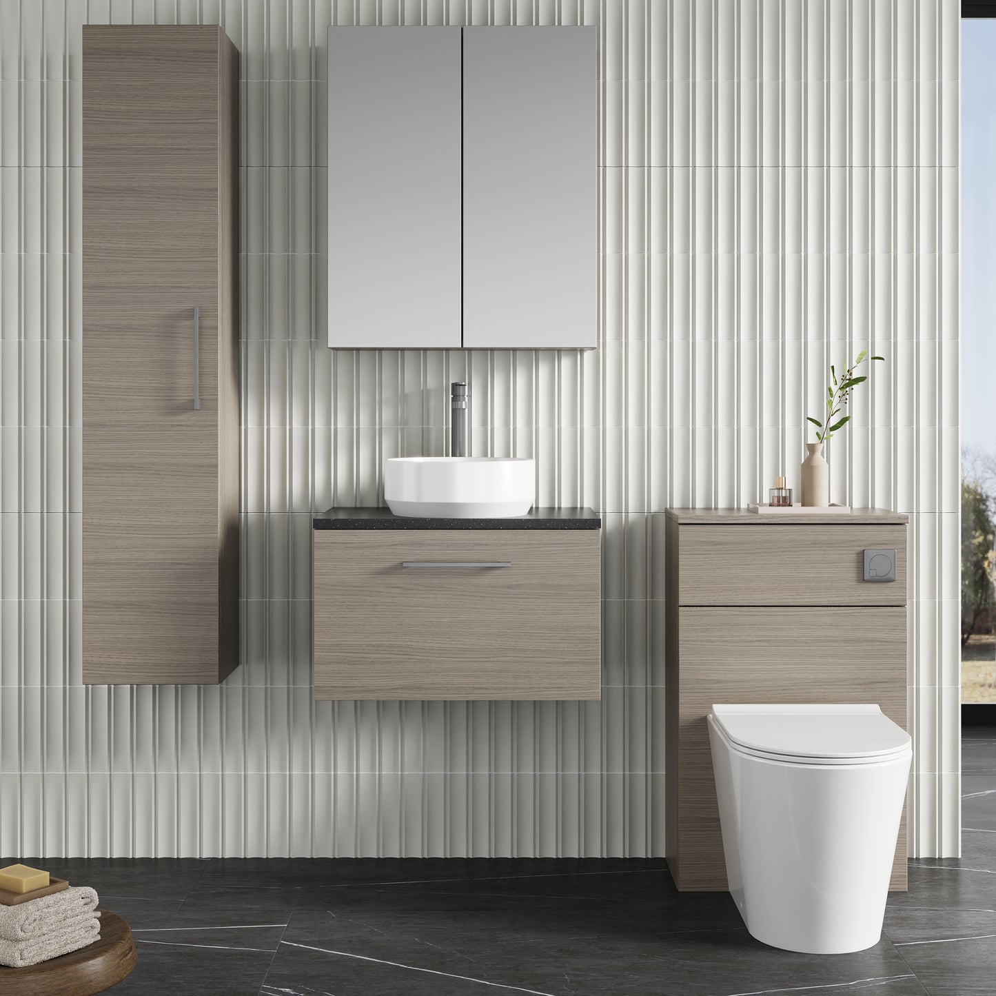 Fairford Aspri 2 600mm Solace Oak Wall Hung Vanity Unit, Laminate Black Worktop