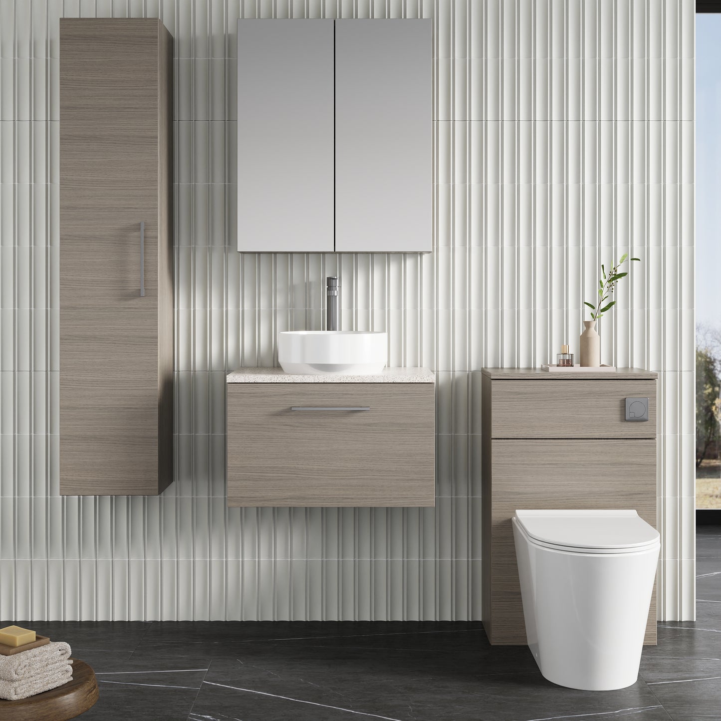 Fairford Aspri 2 600mm Solace Oak Wall Hung Vanity Unit, Laminate White Worktop