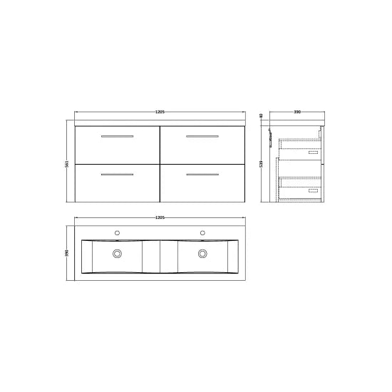 Fairford Aspri Bleached Oak 1200mm 4 Drawer Wall Hung Vanity Unit
