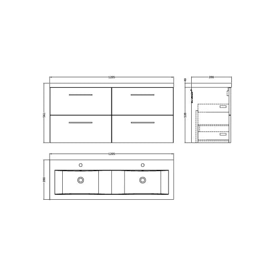 Fairford Aspri Grey Woodgrain 1200mm 4 Drawer Wall Hung Vanity Unit