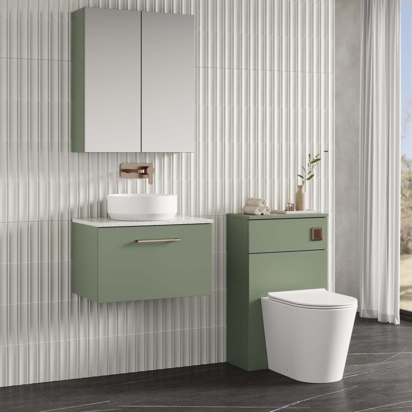 Fairford Aspri 2 600mm Satin Green Wall Hung Vanity Unit, Laminate White Worktop