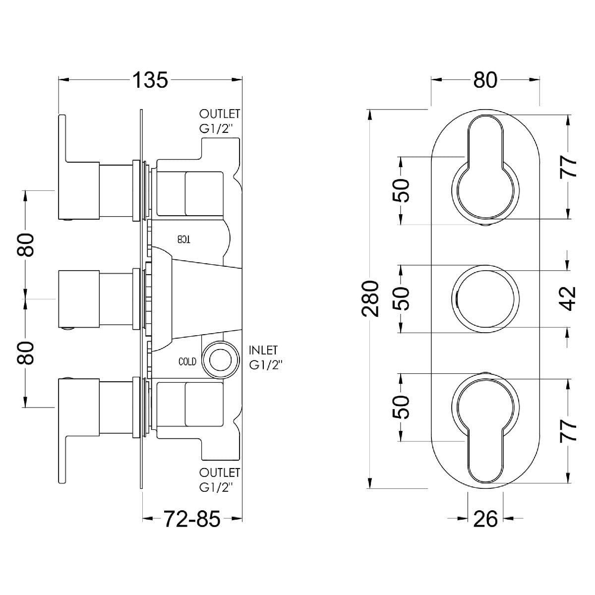 Fairford Element 10 Brushed Gun Metal Round Concealed Triple Shower Valve, 2 Outlet